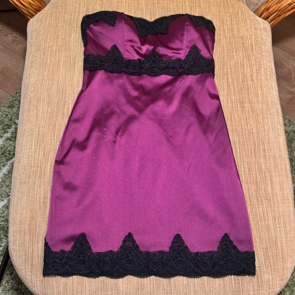 bebe Strapless Purple Dress with Black Lace Trim